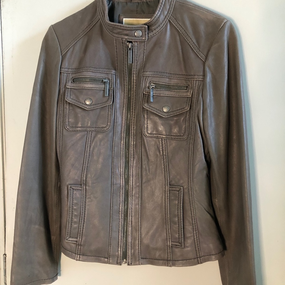 Michael Kors Gray Leather Moto Jacket